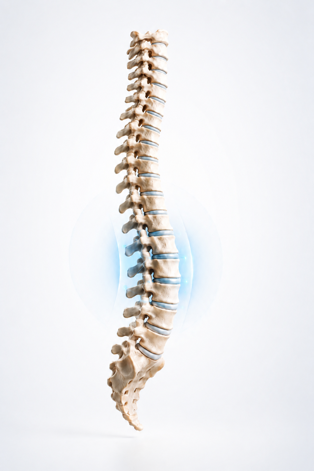 Anatomical illustration of a human spine with a glowing blue highlight around the lumbar region